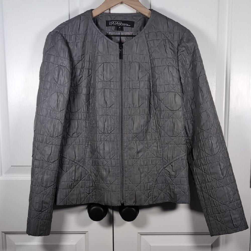 Vintage Kasper Essential Quilted Jacket Slate Gray Textured Full Zip Blazer M